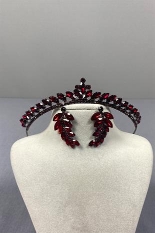 Burgundy Ece Bridal Henna Crown and Leaf Stone Earring Set