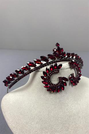 Burgundy Ece Bridal Henna Crown and Round Stone Earring Set