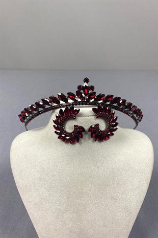 Burgundy Ece Bridal Henna Crown and Round Stone Earring Set