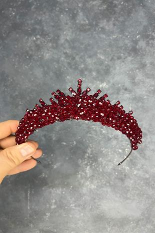 Bordo Edis Boncuk İşlemeli Gelin Kına Tacı