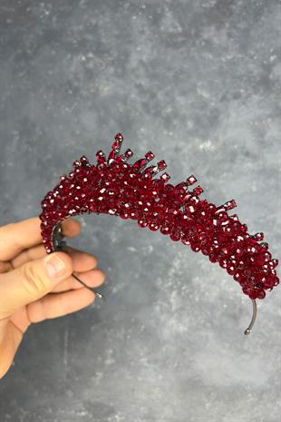 Bordo Edis Boncuk İşlemeli Gelin Kına Tacı