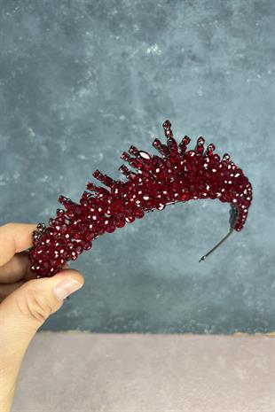 Bordo Edis Boncuk İşlemeli Gelin Kına Tacı