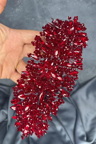Bordo Elena Yoğun Boncuk İşlemeli Gelin Tacı Saç Ve Türban Aksesuarı
