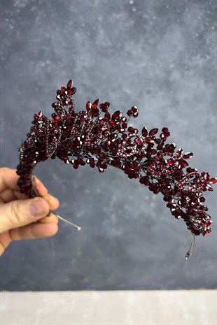 Bordo Ella Boncuklu Tasarım Gelin Kına Tacı