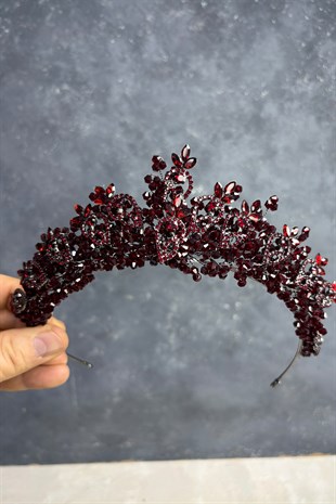 Bordo Ella Boncuklu Tasarım Gelin Kına Tacı