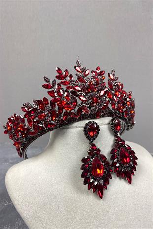 Claret Red Ezel 3D Bridal Henna Crown And Earring Set