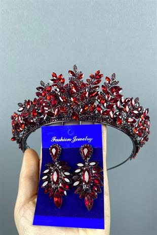 Burgundy Ezel 3D Bridal Henna Crown And Stud Earring Set