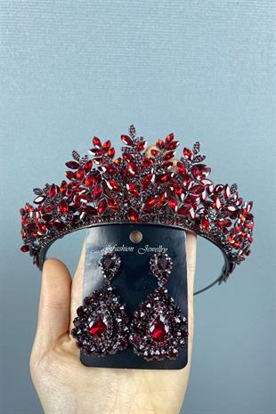 Claret Red Ezel 3D Bridal Henna Tiara and Drop Stone Earring Set