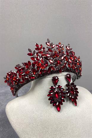 Burgundy Ezel 3D Bridal Henna Crown And Stud Earring Set