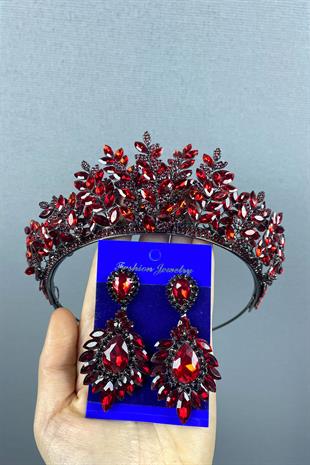 Claret Red Ezel 3D Bridal Henna Crown And Earring Set