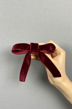 Bordo Fiyonklu Kadife Kurdeleli Saç Tokası