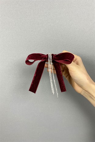 Bordo Fiyonklu Kadife Kurdeleli Sallantılı Taşlı Saç Tokası