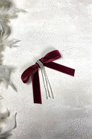 Bordo Fiyonklu Kadife Kurdeleli Sallantılı Taşlı Saç Tokası