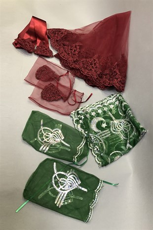 Bordo Gelin Duvağı Damat Örtüsü ve Takı Kurdele Seti