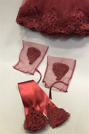 Bordo Gelin Duvağı Damat Örtüsü ve Takı Kurdele Seti