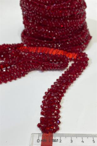 Bordo Geniş Kristal Boncuklu İşlemeli Şerit
