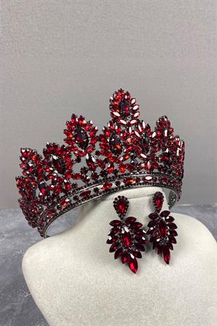 Claret Red Godiva High Bridal Henna Tiara and Shuttle Stone Evening Dress Earring Set