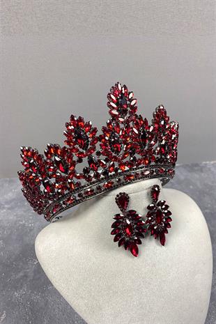 Claret Red Godiva High Bridal Henna Tiara and Shuttle Stone Evening Dress Earring Set