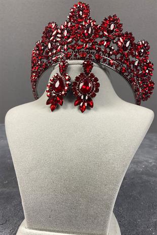 Claret Red Godiva High Bridal Henna Crown And Stud Earrings