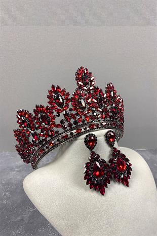 Claret Red Godiva High Bridal Henna Crown And Shuttle Evening Dress Earrings