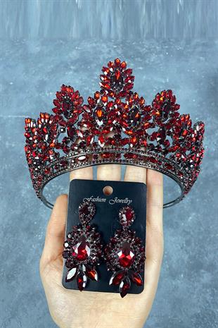 Claret Red Godiva High Bridal Henna Crown And Stud Earrings