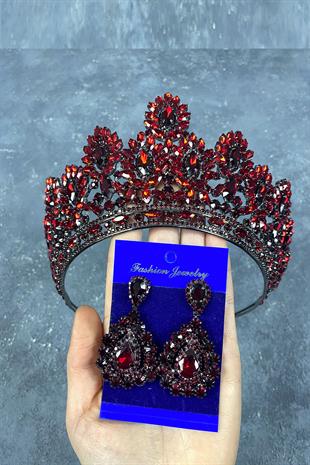 Claret Red Godiva High Bridal Henna Crown And Stone Drop Earrings