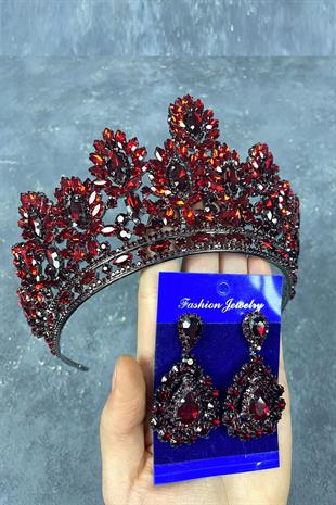 Claret Red Godiva High Bridal Henna Crown And Stone Drop Earrings