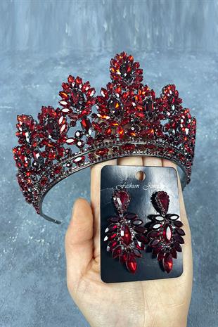 Claret Red Godiva High Bridal Henna Tiara and Shuttle Stone Evening Dress Earring Set