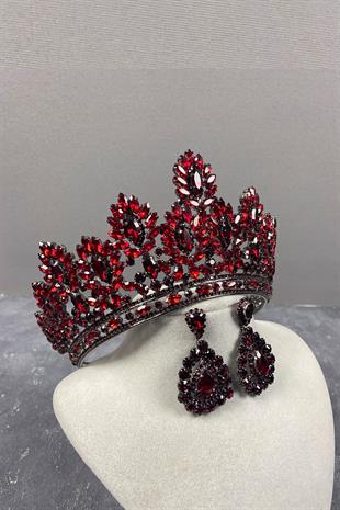 Claret Red Godiva High Bridal Henna Crown And Stone Drop Earrings