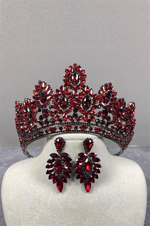 Claret Red Godiva High Bridal Henna Tiara and Shuttle Stone Evening Dress Earring Set