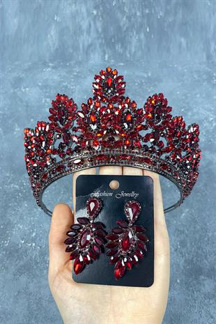 Claret Red Godiva High Bridal Henna Tiara and Shuttle Stone Evening Dress Earring Set