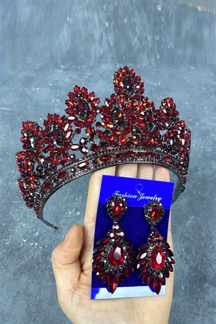 Claret Red Godiva High Bridal Henna Crown And Shuttle Evening Dress Earrings