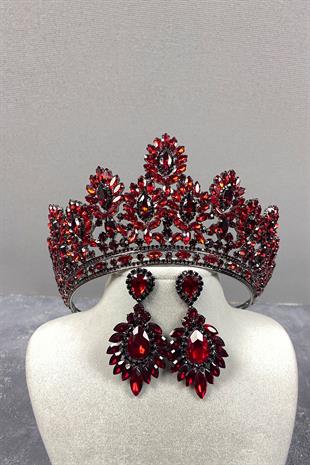 Claret Red Godiva High Bridal Henna Crown And Shuttle Evening Dress Earrings
