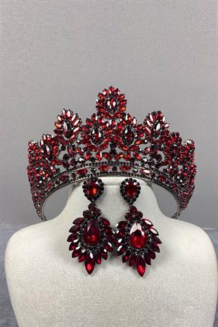 Claret Red Godiva High Bridal Henna Crown And Shuttle Evening Dress Earrings