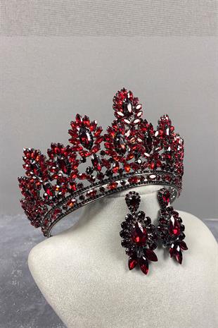 Claret Red Godiva High Bridal Henna Crown And Stud Earrings