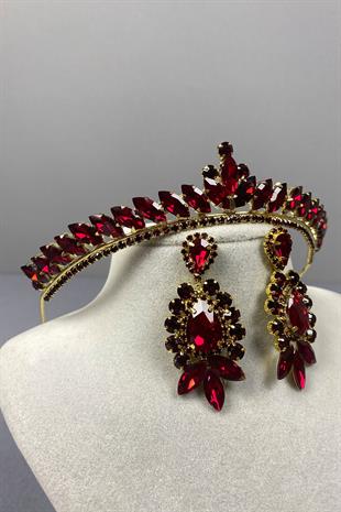 Burgundy Gold Ece Bridal Henna Crown and Drop Stone Earring Set