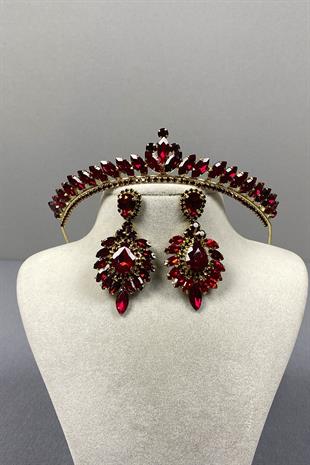 Burgundy Gold Ece Bridal Henna Crown and Drop Shuttle Stone Earring Set