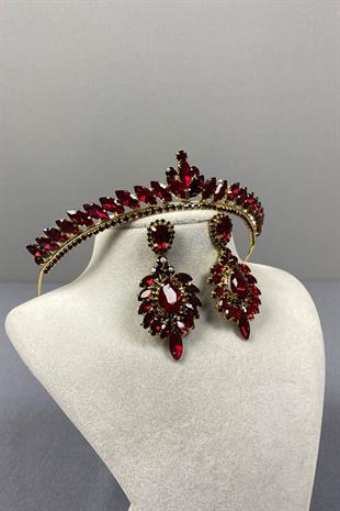 Burgundy Gold Ece Bridal Henna Crown and Drop Shuttle Stone Earring Set