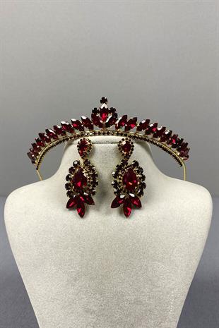 Burgundy Gold Ece Bridal Henna Crown and Drop Stone Earring Set