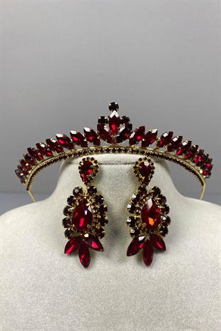 Burgundy Gold Ece Bridal Henna Crown and Drop Stone Earring Set