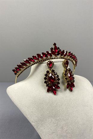 Burgundy Gold Ece Bridal Henna Crown and Drop Stone Earring Set