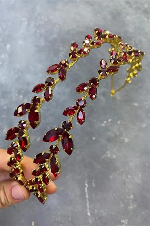 Bordo Gold Zemin Alfa Mekik Cam Kristal Taşlı Gelin Kına Tacı
