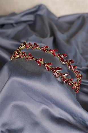 Bordo Gold Zemin Alfa Mekik Cam Kristal Taşlı Gelin Kına Tacı