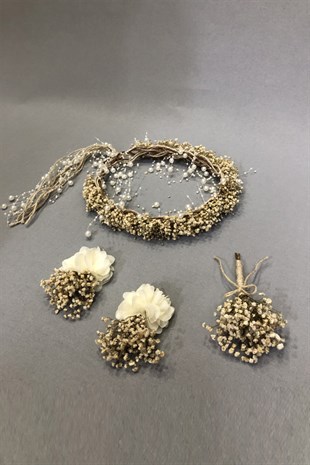 Bordo Güllü Cipsolu Gelin Buketi Seti