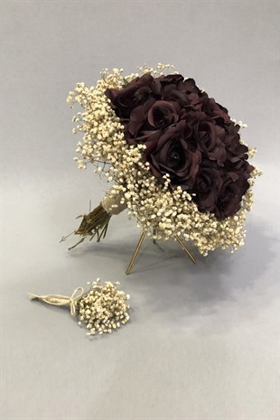 Bordo Güllü Cipsolu Gelin Buketi ve Yaka Çiçeği