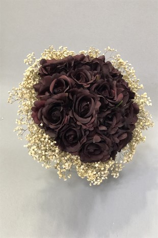 Bordo Güllü Cipsolu Gelin Buketi ve Yaka Çiçeği
