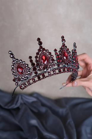 Bordo Gümüş Zemin Ahu Damla Kristal Taşlı Gelin Kına Tacı