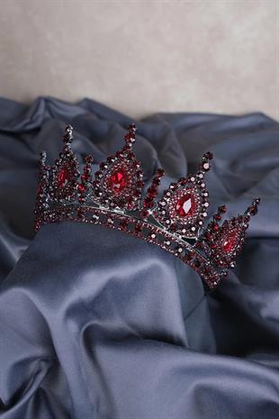 Bordo Gümüş Zemin Ahu Damla Kristal Taşlı Gelin Kına Tacı