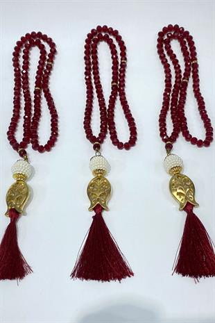 Bordo Hediyelik Laleli Püsküllü Kristal Boncuklu 99 Lu Namaz Tesbihi ( Mevlüt-sünnet-hac-umre)