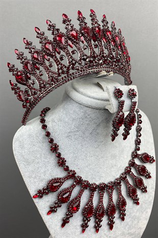 Claret Red Henna Bridal Henna Crown Necklace Earring Set